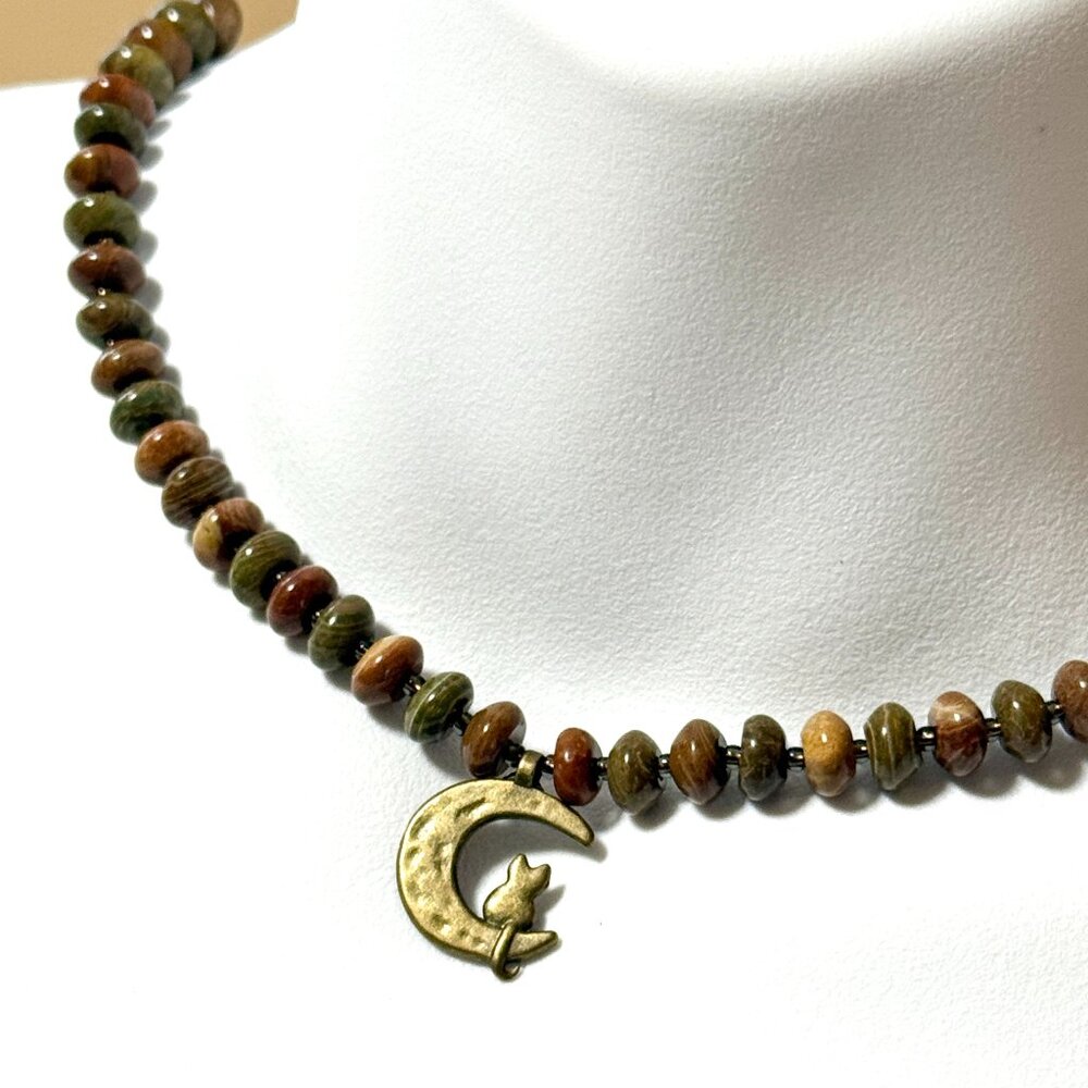 Genuine Earthy Polychrome Jasper Bronze Cat on the Moon Beaded Short Necklace